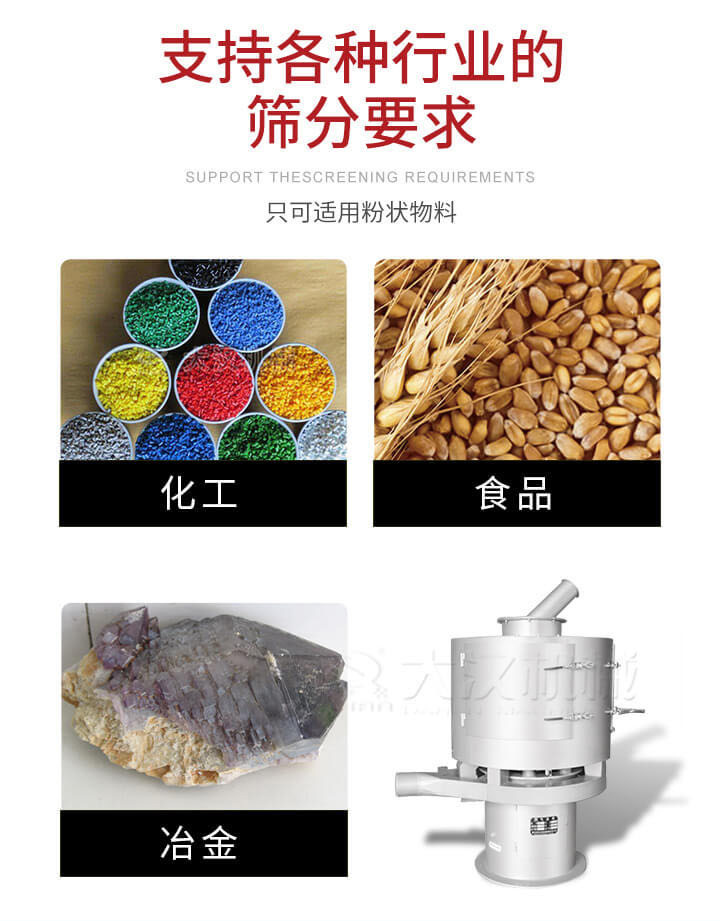 氣流篩用于礦粉，石墨粉，活性納米碳酸鈣，鋁灰，大豆粉，碳酸重鈣，石墨粉，木粉，干草，重金石粉，藥粉末，橡膠顆粒，草酸鹽，干料粉，木粉，聚酯粉，干粉，塑料，金屬粉末，橡膠粉，粉煤灰，石墨粉，陶瓷粉，鋅粉，石英粉，石灰粉，鐵粉，金屬硅粉等。