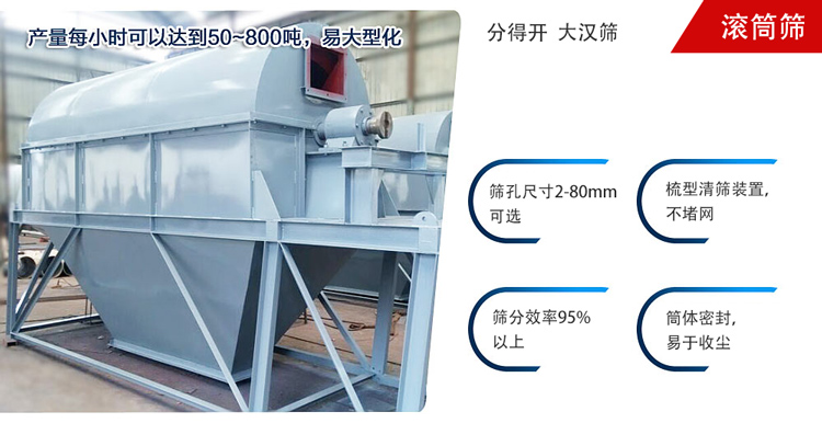 滾筒篩分開放式,封閉式兩種選擇無塵篩分。無軸滾筒：適用生活垃圾等一些有一定纏繞性物料;有軸滾筒：適用石料，砂土等含水量較少的物料