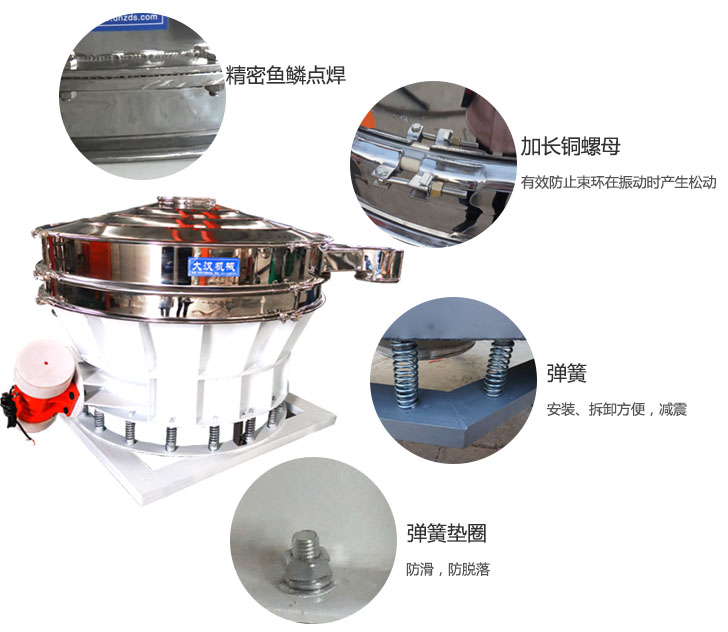 1500直排篩細節(jié)展示：彈簧，彈簧墊圈，加長銅螺母。