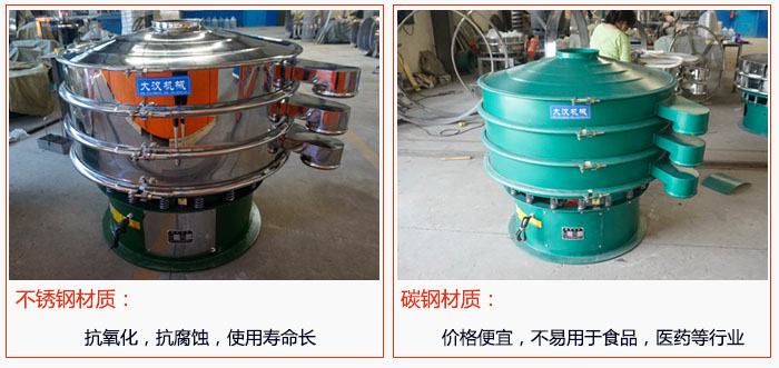 800型振動篩有不銹鋼和碳鋼兩種材質，不銹鋼材質：抗氧化，抗腐蝕，使用壽命長 碳鋼材質：價格便宜，不易篩分食品，化工，醫藥等行業的物料。
