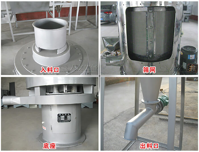 氣流篩部件展示:入料口,篩網,底座,出料口等。