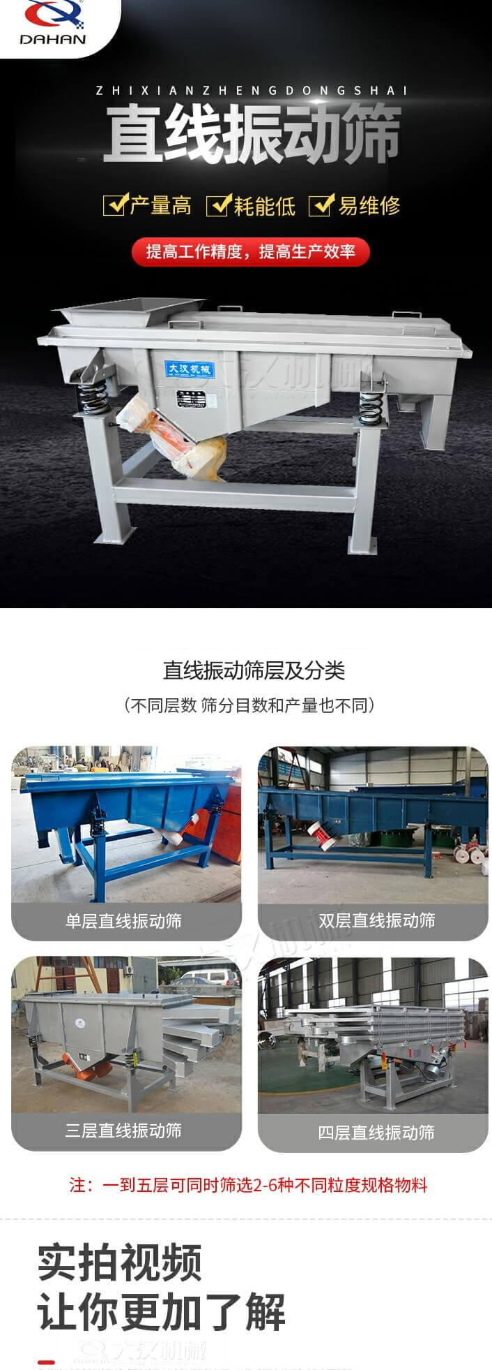 直線振動篩概述，產量高，耗能低，易維修，提高工作精度，提高生產效率，直線振動篩層級分類：不同層數，篩分目數和產量也不同：單層，雙層，三層，四層等。